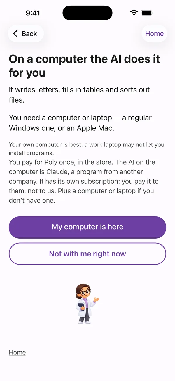 Poly A1, the Computer screen: on a computer the AI does it for you — it writes letters, fills in tables and sorts out files.