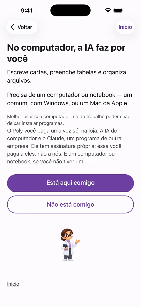 Poly A1, tela Computador: no computador, a IA faz por você — escreve cartas, preenche tabelas e organiza arquivos.