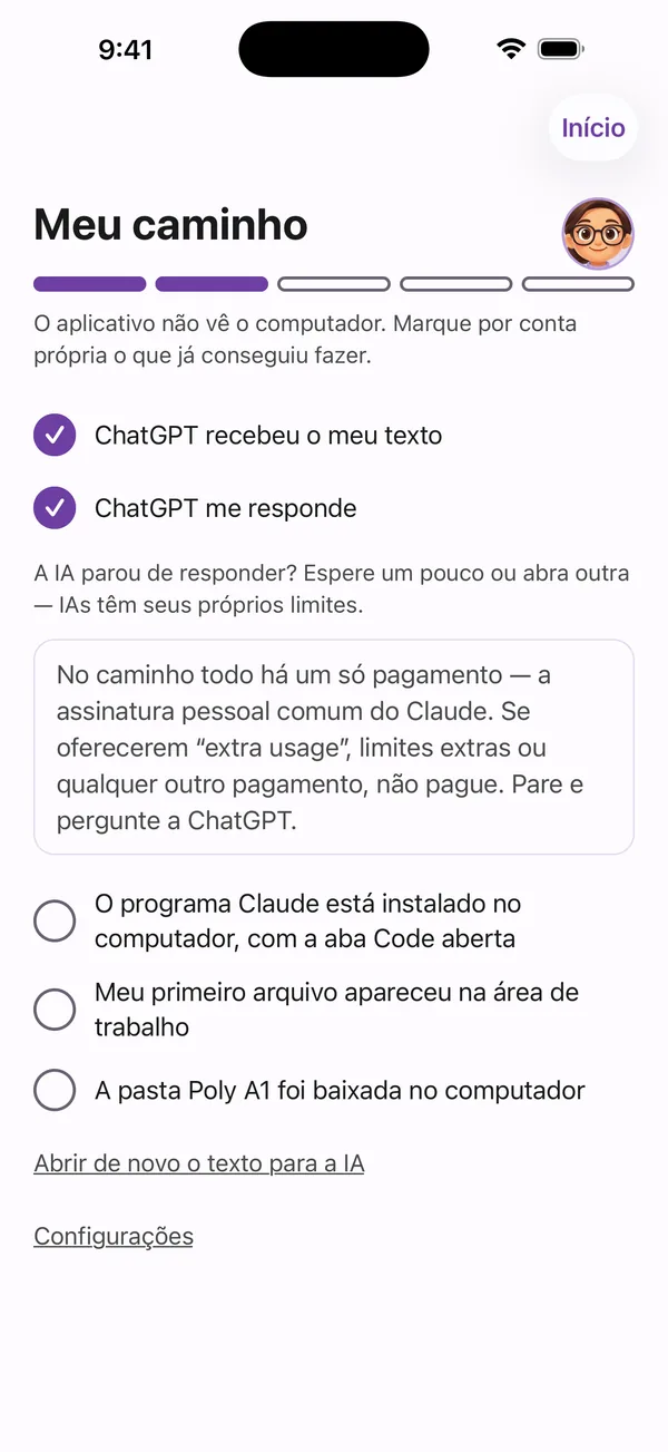 Poly A1, Meu caminho: cinco passos, com marcas no que você já fez.